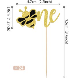 ZHUOWEISM 24 PCS Bumble Bee One Cupcake Toppers Glitter 1st Birthday Party Cupcake Picks Decorations for Bee Theme Baby Shower Kids First Birthday Party Supplies