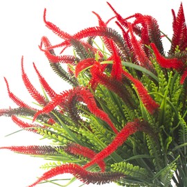 10 Bundles Artificial Plants Outdoor Fake Grass with Flowers UV Resistant Greenery Garden Porch Window Box Decorating (Red)