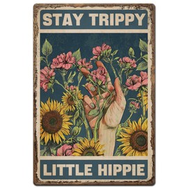 Hobbspring 1pc Vintage Metal Tin Sign 20x30cm Retro Iron Sun Flower Sign Rusty Look Stay Trippy Little Hippie Poster for Home Living Room Country Farmhouse Garden Kitchen Wall Decor