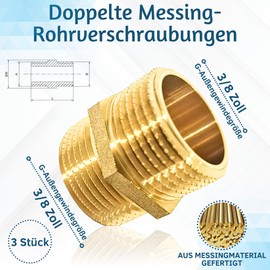 PipeSan Double Nipple 3/8 Inch Brass Male Thread - Pack of 3 Connectors with Double Male Thread and Hexagon, Corrosion Resistant, Thread Fitting for Plumbing, Gas, Oil and Drinking Water