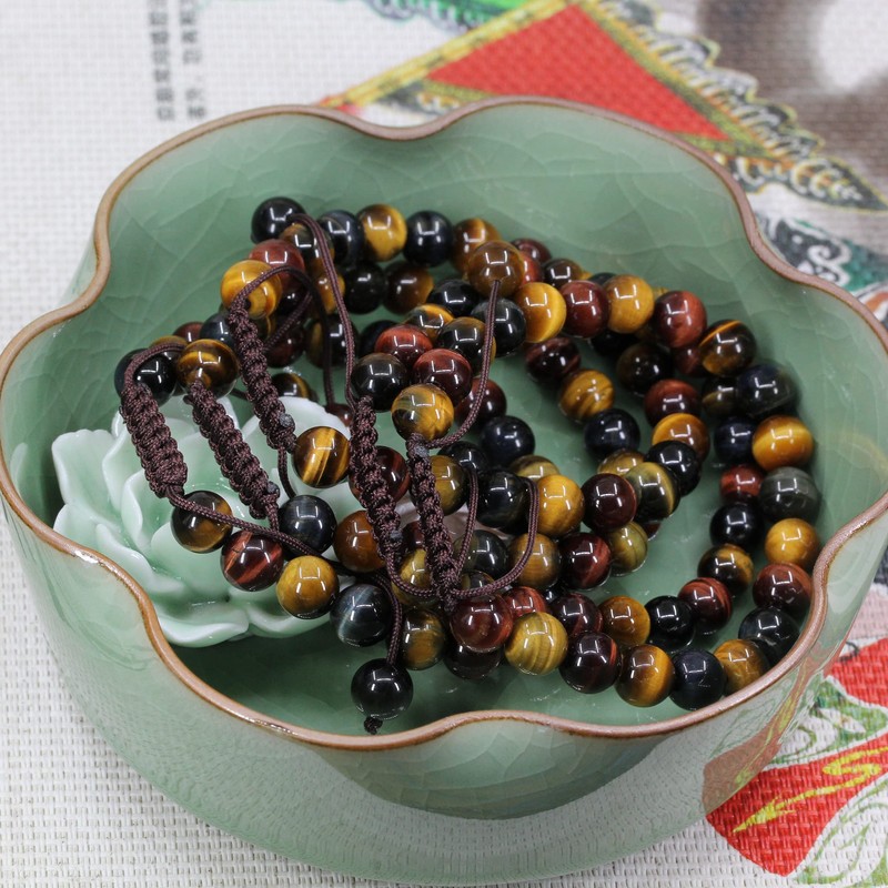 Keleny Multicolor Tigers Eye 8mm Round Beads Adjustable Braided Macrame
