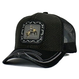 Rodeo Cowboy Straw Cap Hat Bull Rider/Horse Embroidered Mesh Trucker Western Style Snapback Baseball Cap (Cowboy Bull Rider 2 - Black)