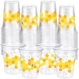 Funnymoom 60 Pcs Bee Party Plastic Cups 16 oz Honey Disposable Clear Drinking Cups for Bee Theme Party Baby Shower Birthday Supplies Decoration