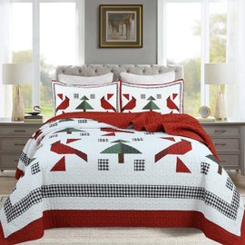 3 Pieces Cardinals Quilt Set Christmas Tree Bedspread Set for All Season,Soft Geometric Coverlet Reversible Bedding Set with 2 Matching Pillow Shams
