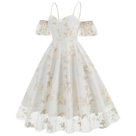 Adjustable Spaghetti Straps Floral Embroidered Dress for Women Off Shoulder Ruffle Sleeve Flower Embroidery Dress Tulle Prom Mesh Sheer Deep V Neck Formal Party Evening Cocktail Dress White Flower L