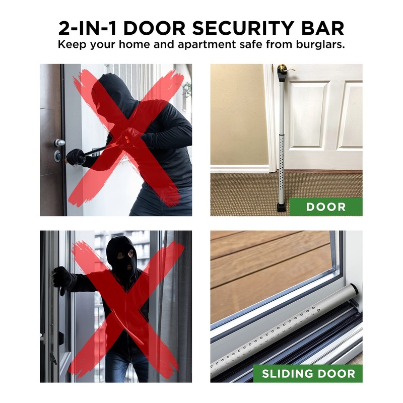 Sliding Door Security Bar, Door Jammer 2-in-1 Adjustable, Door Stoppers