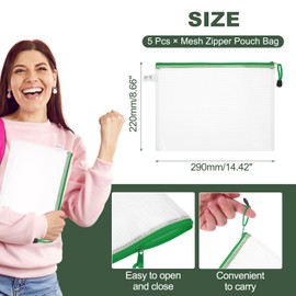 PATIKIL Mesh Zipper Pouch Bag 11.42"x8.66", 5pcs Waterproof File Bag B5 Letter Size Document Organizing Storage for Office Puzzle Cosmetic Travel, PVC Green
