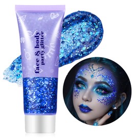 Go Ho Blue Face Body Glitter,Singer Concerts Blue Face Paint Glitter Makeup,Holographic Chunky Sequins Glitters for Eye Lip Hair Nails,Festival Glitter Rave Accessories,01 Blue Glitter 52g