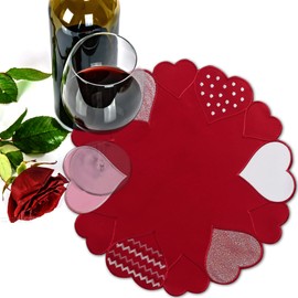Valentine's Day Placemats Set of 4,Owenie Embroidered Red Place Mats for Kitchen Dining Table, 15 Inch Round Table Mats for Mother's Day or Wedding Romantic Love Heart Placemat for 14th February