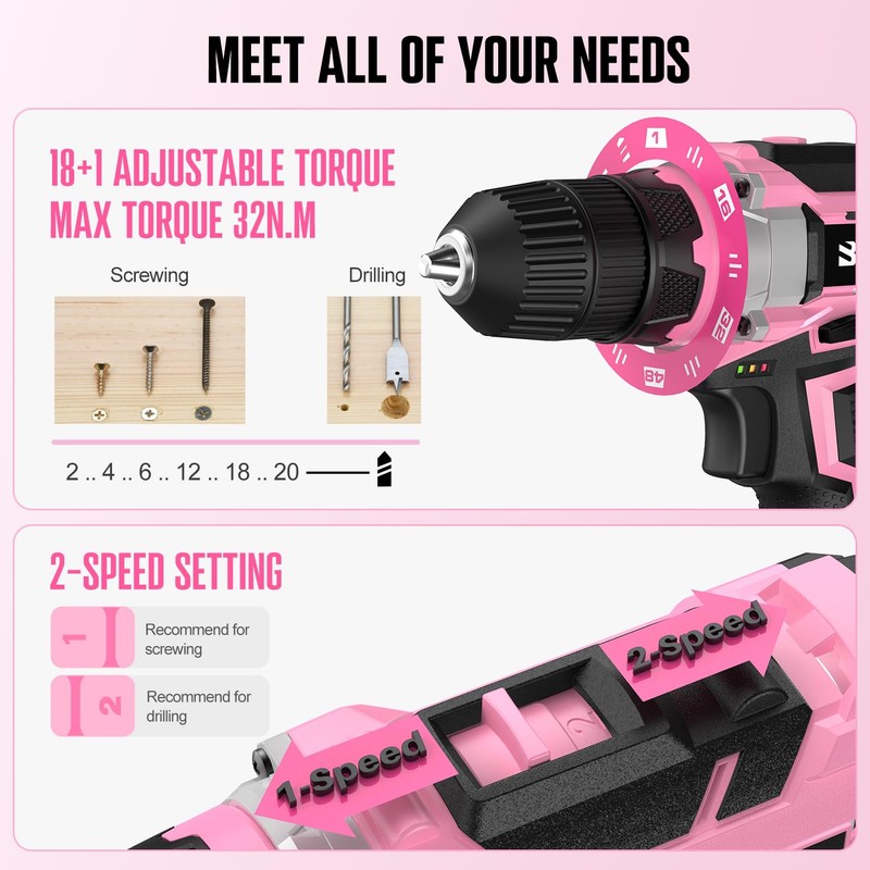 Bielmeier 20V 236Pcs Cordless Pink Drill Set - Essential Women's