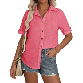 ZAAYO Womens Washed Cotton Blouse Button Down V Neck Shirts Short Sleeve Blouse Roll Up Cuffed Sleeve Tops Dark Pink