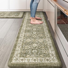 KIMODE Anti Fatigue Kitchen Mats 17"x59"+17"x29", Boho Distressed Kitchen Rugs Sets of 2, Kitchen Floor Mats Non Slip Cushioned, Waterproof Standing Mat for Laundry Office Sink Desk Khaki/Green Multi