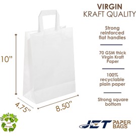 JET PAPER BAGS - 8.5”x4.75”x10” Inch [100 Pcs] Medium Gift Bags with Handles Bulk Prime Kraft Bags for Gifts, Grocery, Goody, Retail, Party, Weddings - Kraft Paper Gift Bags (White 100 PCS Count)