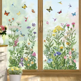 wondever Window Sticker Spring Wildflowers Window Sticker Vintage Flowers Grass Butterfly Window Stickers Anti-Collision Double-Sided Glass Sticker Glass Decoration