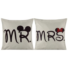 2 Pcs Mr and Mrs Funny Mouse Cushion Cover Durable Cotton Linen Throw Pillow Case Wedding Valentine Gift MR and MRS Present 18"X18" 45x45cm
