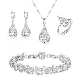 BriLove Wedding Jewelry Set for Bride, Teardrop Cubic Zirconia Pendant Necklace Dangle Earrings Tennis Bracelet Adjustable Ring Wedding/Birthday/Christmas/Mother's Day Gift Clear Silver-Tone