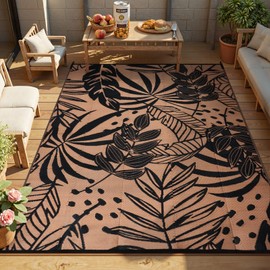 Anidaroel Leaf Outdoor Rugs 6x9ft for Patios Clearance Waterproof, Reversible Tropical Plastic Straw Camping Mat Outside Rug, Large Outdoor Area Rug for RV, Deck, Balcony, Picnic(Black/Brown,6'x9')