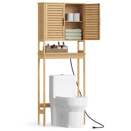 SONGMICS Over The Toilet Storage Cabinet with Charging Station, Bathroom Cabinet with Adjustable Inside Shelf and Bottom Stabilizer Bar, Space-Saving Toilet Rack, Natural Beige UBTS015N01