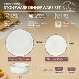 Herogo 24 Pieces Stoneware Dinnerware Dishes Set for 8, Kitchen Handmade Dining Plates and Bowls Sets, Double Reactive Glaze, Microwave & Dishwasher Safe, Scratch Resistant, Ivory White