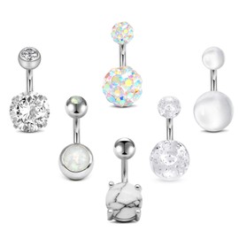 Lauritami Short Belly Button Bar, 6 mm, Surgical Steel, 14G Barbell, Silver / Rose Gold, CZ Belly Button Jewellery, Stainless Steel, Silver-1