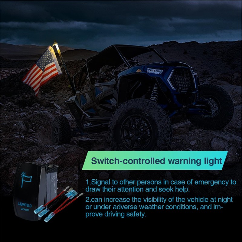 2 Pack 3ft LED Whip Lights with Warning Light, Spring