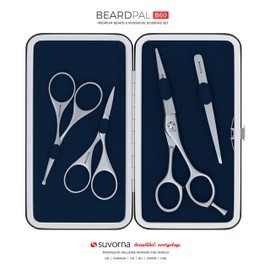Suvorna Premium Beard & Mustache Set with Beard scissors for men - Facial Hair/Nose/Eyebrow Scissors - Slant Tweezers (4 Pcs Dark Blue)