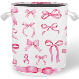 Cilrii Pink Coquette Bow Laundry Basket Hamper, Toybox for Girls, Preppy Aesthetic Bow Waterproof Collapsible Storage Bin Organizer for Bedroom Bathroom Girls Room Dorm Clothes Toys Books