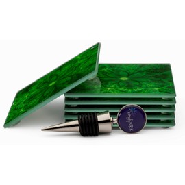 Coaster Set 6 Square Glass Coasters Green Flower Design, Large Size 4x4, Suit Indoor Outdoor Kitchen Dining Bar, Non-Slip Silicon Feet Protects Furniture, Ideal for Wine Glass, Tea or Coffee Cups