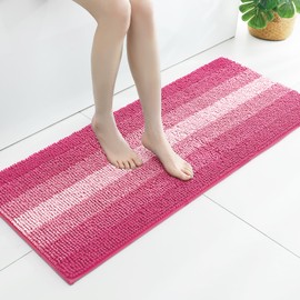 Gibelle Long Bathroom Rugs, Luxury Chenille Bath Mat, Small Non Slip Shower Rug and Bath Room Floor Mats, Machine Washable, Quick Dry Bathmat, Soft Cozy Plush Rug for Tub, 20" x 47", Pink