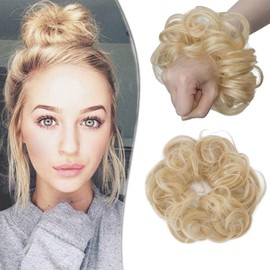 SEGO Messy Human Hair Scrunchies for Women Hair Buns Hairpiece [#613 Bleach Blonde] Real Remy Updo Scrunchies Donut Hair Extensions Chignons Curly Wavy (23g)