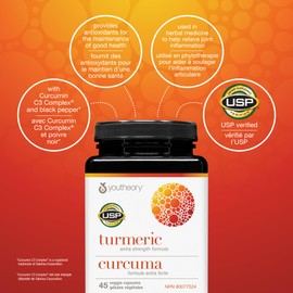 Youtheory Turmeric Curcumin with Black Pepper, Powerful Antioxidant Properties for Joint & Healthy Inflammation Support, 45 Capsules