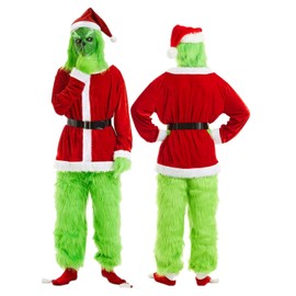 WPOZD Green Monster Christmas Santa Suit Deluxe Furry Adult Costume, 7 Pieces with Green Mask (S/M)