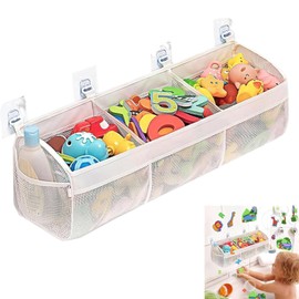 Bath Toy Storage, Bath Toy Net, Bathroom Toy Storage, Bath Toy Organiser, Bath Toys Storage, For Accessing & Sorting Toys With 3 Compartment Large Openings, 2 Side Pocket And 4 Strong Suction Hooks