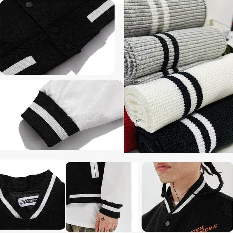 1pc Grey Ribbing Fabric Polyester Elastic Ribbed Cuffs White Stripes