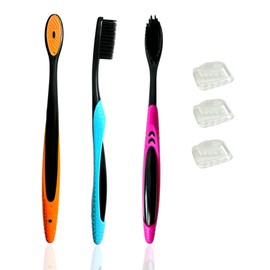 ALAZCO 3pc Neon & Black Soft Bristles Toothbrush Deep Cleaning Sensitive Teeth Gum Extra Fine Bristles Cheek & Tongue Cleaner Ergonomic Non-Slip Comfort Hold with Caps TSA Approved BPA Free