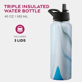 1180ml Triple-Walled Insulated Stainless Steel Water Bottle with Straw – Large Capacity – 3 Leak-Proof Lids for Hot & Cold Drinks – Ideal for Travel, Camping, Hiking, Gym (Exquisite Blue Marble)
