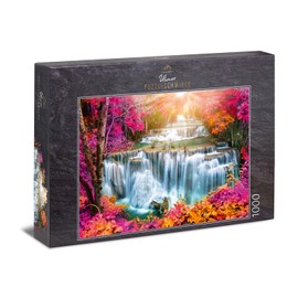 Ulmer Puzzleschmiede - "Cascades in Autumn Magic" Puzzle - Classic 1000 Piece Landscape Puzzle - Puzzle Motif Scenic Waterfall Steps in Mysthically Colourful Autumn Forest