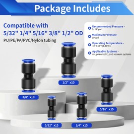 Sweezwon 66Pcs Straight Push to Connect Air Hose Fittings, Pneumatic Quick Connect Fittings Kit with Tubing Cutter for 5/32" 1/4" 5/16" 3/8" 1/2" Air Line, Nylon & PU Tubing
