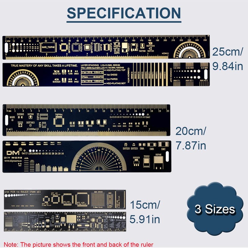 DAOKAI 3PCS PCB Ruler 3Sizes 15/20/25cm 5.9/7.8/9.8in Multifunctional Engineering Ruler