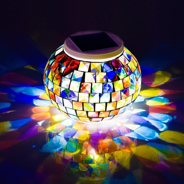 WSgift Color Changing Solar Powered Glass Mosaic Ball Led Garden Lights, Rechargeable Outdoor Waterproof Solar Night Lights Table Lamps for Decorations, Ideal Gifts