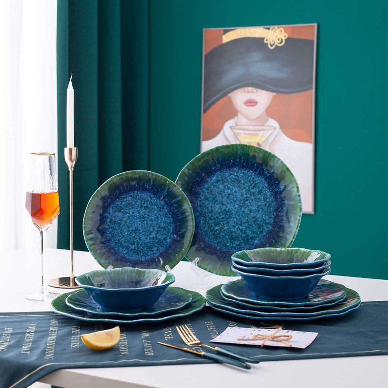 Melamine Dinnerware Set 12 PCS Teal Turquoise Tableware Plates Bowls