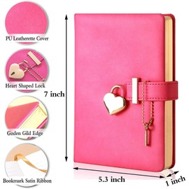 Poshieca Heart Shaped Lock Diary with Key PU Leather Cover Journal Personal Organizers Secret Notebook for Girls & Women B6 Size 5.3x7inch Diary with Rose Gold Metal Ballpoint Pen (Rose Red)