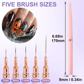 SmallCat 5 Pcs Metallic Nail Art Pens, Nail Brushes for Nail Art, Nail Art Brushes, Thin Nail Art Brush, Liner Brushes for Nails, Long Lines, Fine Drawing, Thin Details Sizes 7/9/11/15/25mm (Pink)
