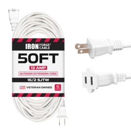 Iron Forge Cable 2 Prong Outdoor Extension Cord 50 ft - 16 Gauge 13 Amp Heavy Duty Power Extension Cords - SJTW - Great for Outdoor/Indoor Lights, Small Appliances, Leaf Blower - White