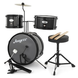 3 Piece Kids Drum Set with Cymbal, 2 Drumsticks, Pedal, 2 Tom,Beginner Junior Drum Kit with Throne Stool, Musical Instruments for Boys and Girls, Black