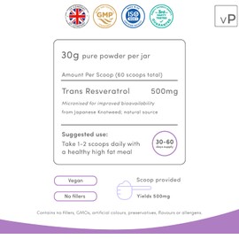 Trans Resveratrol Micronised Powder 30 Grams - Third Party Tested Over 99% Purity - Natural Pure Trans Resveratrol Supplement 30g - Vitality Pro