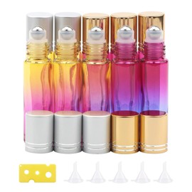 JIUWU 10 Pack 10ml 1/3 Oz Gradient Color Glass Stainless Ball Roller Bottles Beauty Cosmetic Essential Oils Vials Bottles 5 Funnels + 1 Bottle Opener
