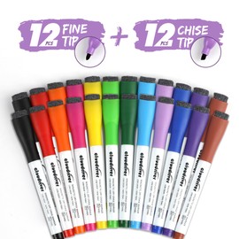 cloudriver Magnetic Dry Erase Markers, 24 Pack Whiteboard Markers - 12 Fine Tip And 12 Chisel Tip, 12 Colors Low Odor Dry Erase Marker With Eraser Cap