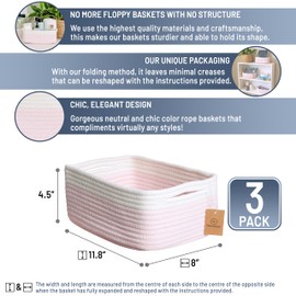 NaturalCozy 11.8"x8"x4.5” Rectangle Storage Baskets for Shelves 3 Pack | Cotton Rope Woven Small Baskets for Organizing | Small Storage Bins for Nursery, Bathroom, Closet, Shelf, Decorative, Gift