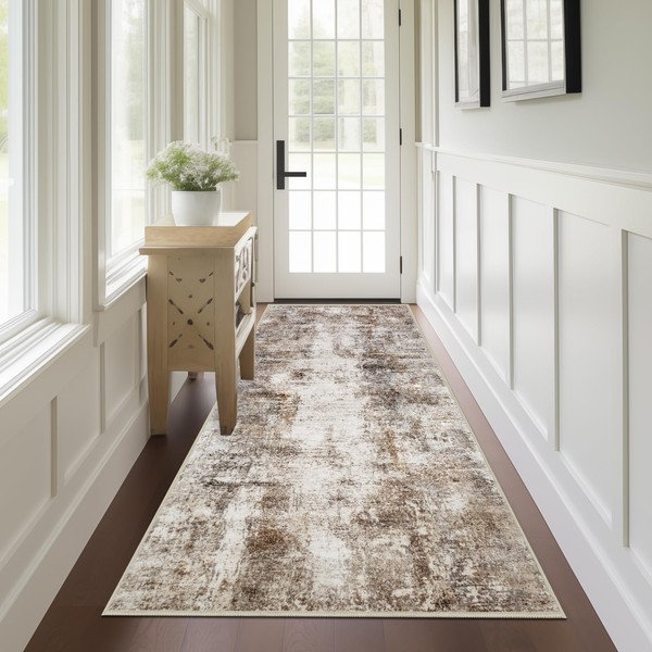 Capslpad 2x6 Brown Abstract Hallway Runner, Ultra Soft Fabric Washable